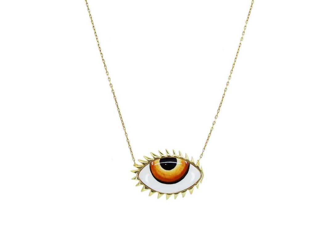 Handpainted Ceramic Brown Evil Eye Necklace w/ Gold Eyelashes