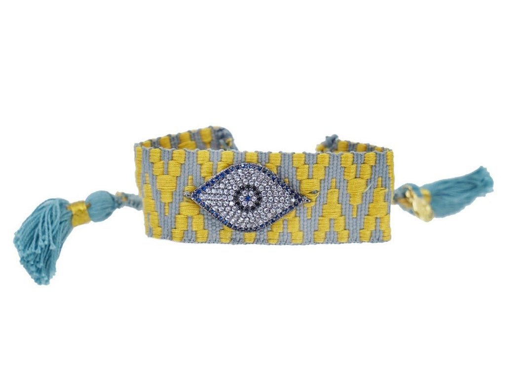 Blue and Marigold Woven Bracelet with Evil Eye