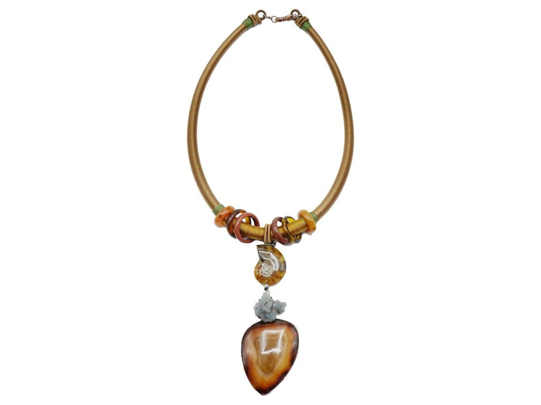 Tan Silk Collar Necklace with Ammonite and Agate Pendant