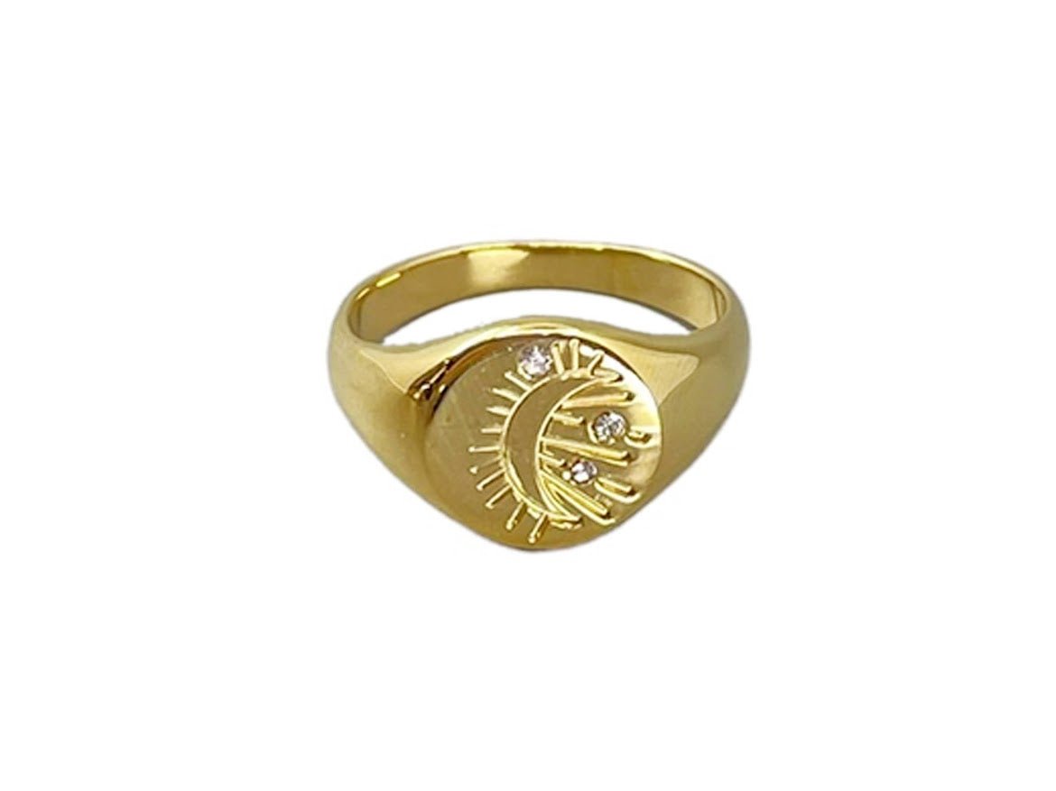 Gold Moon and Stars Ring with CZ.