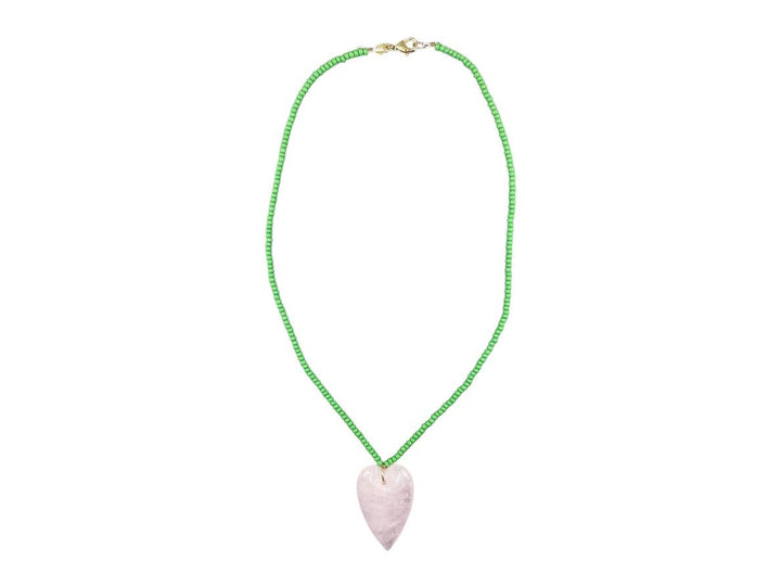 Green Beaded Necklace with Rose Quartz Heart Charm