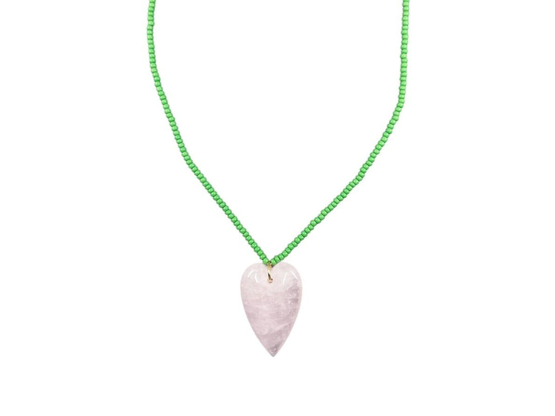 Green Beaded Necklace with Rose Quartz Heart Charm