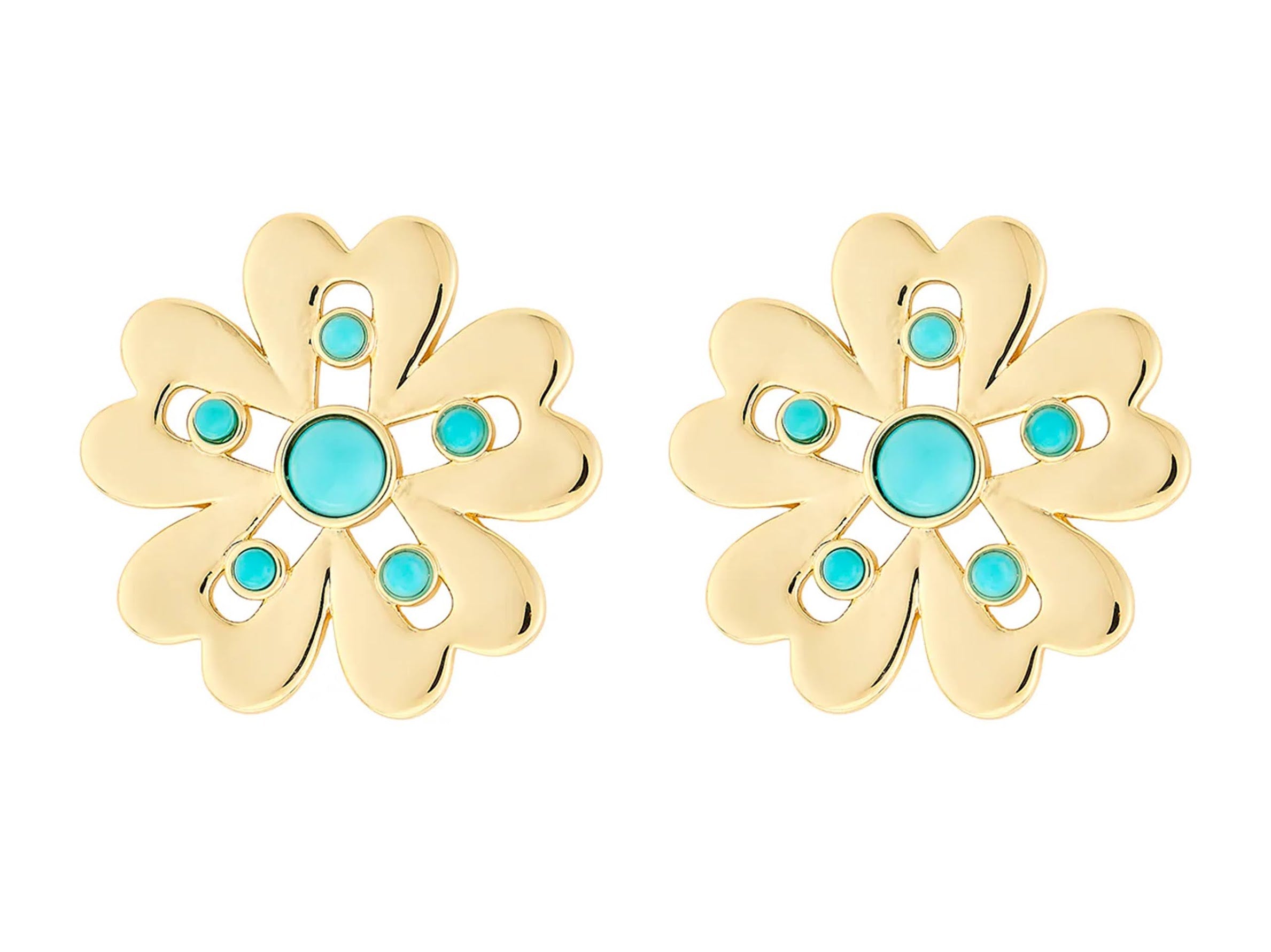 Gold Floral Stud Earrings with Turquiose Cabochons