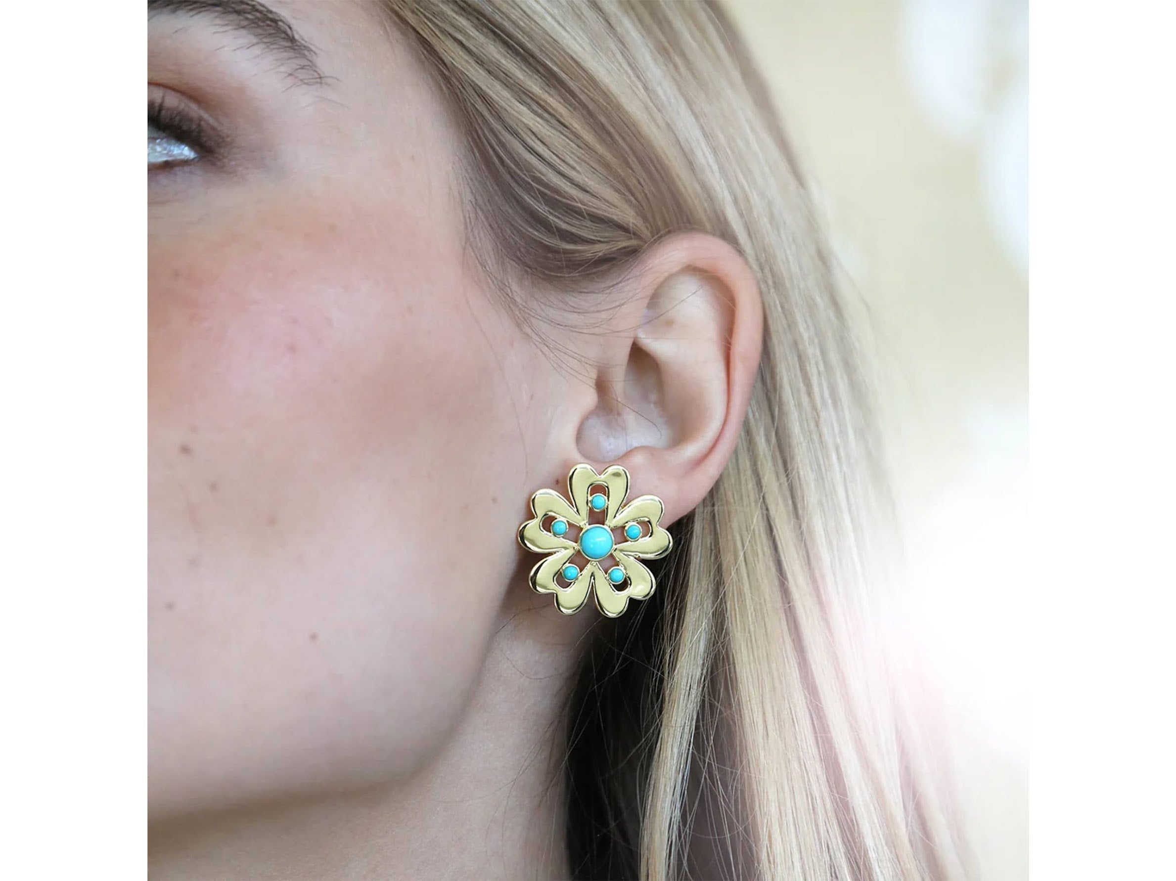 Gold Floral Stud Earrings with Turquiose Cabochons