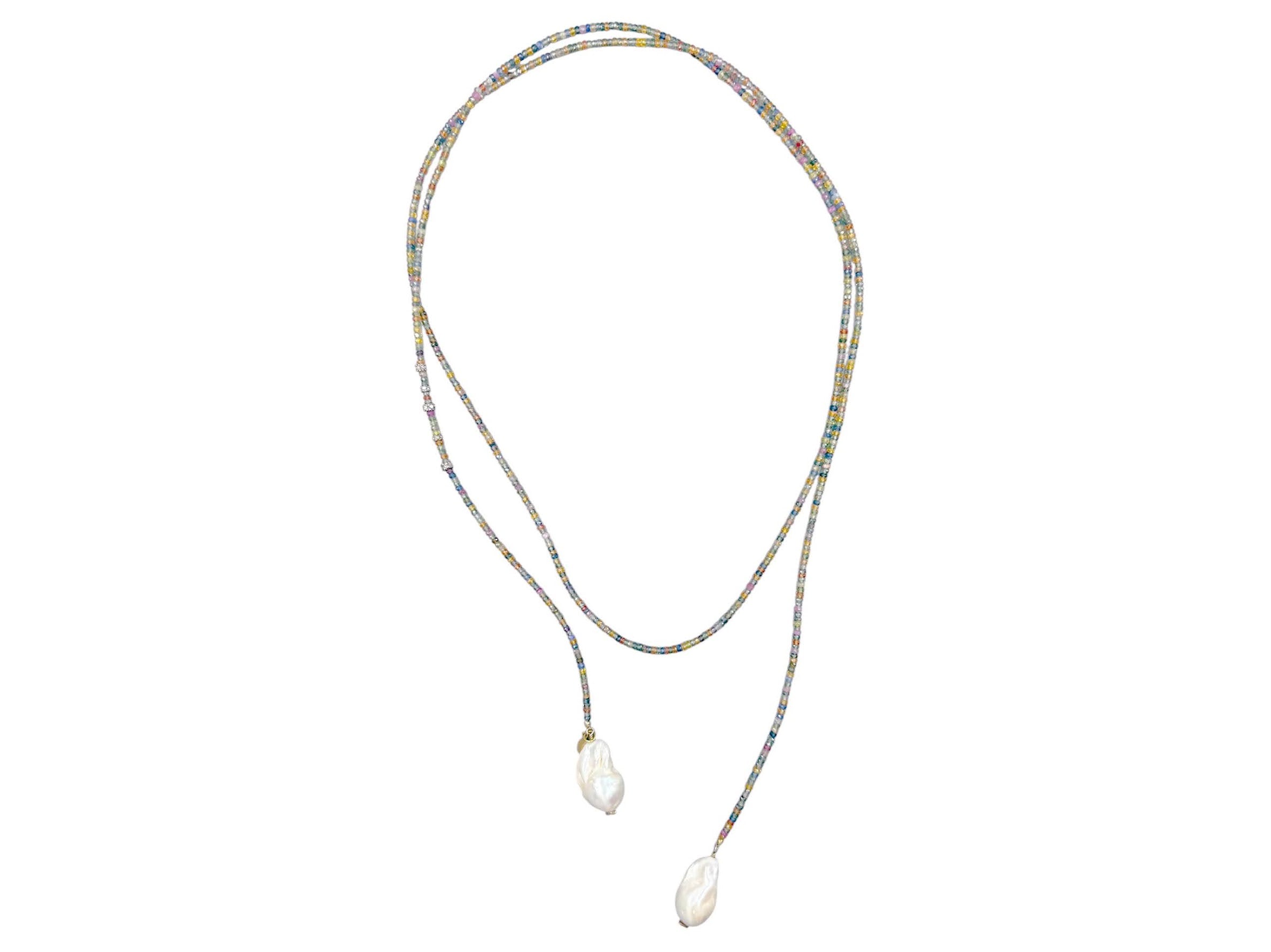 Mixed Sapphire, Diamond, and Baroque Pearl Lariat Necklace