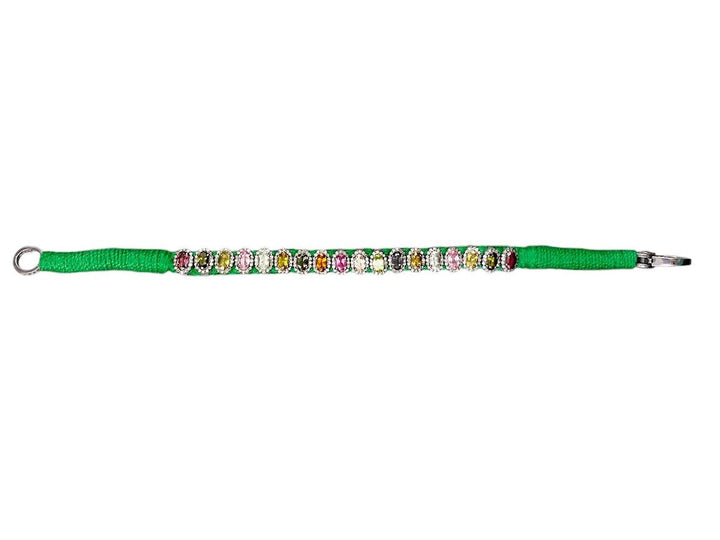 SS and Green Cotton Woven Bracelet with Tourmalines and Diamonds