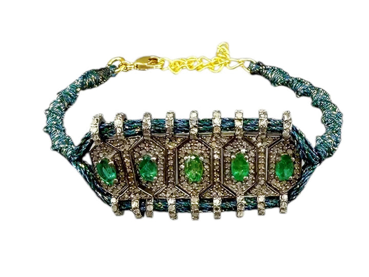 Emerald and Diamond Bar Charm Bracelet with Green Cord