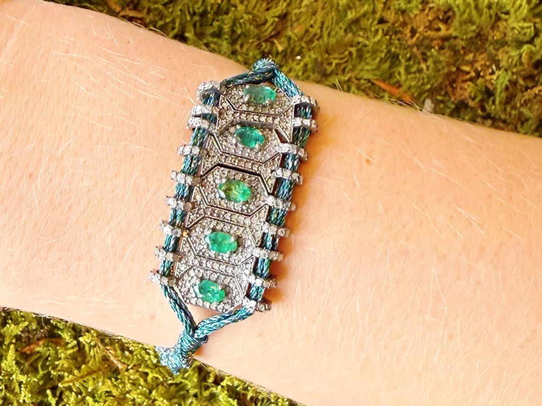 Emerald and Diamond Bar Charm Bracelet with Green Cord