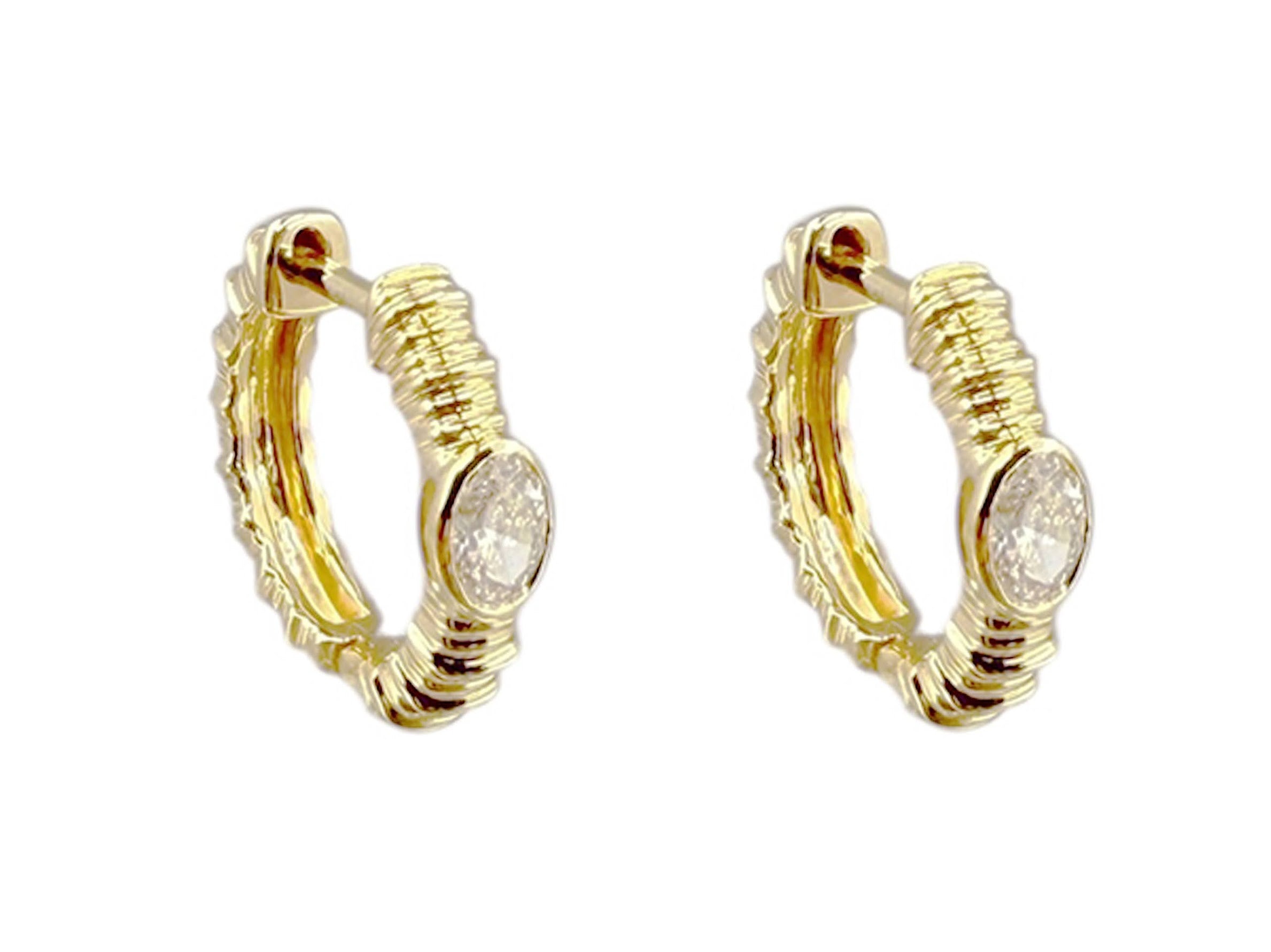 14k Textured Diamond Hoop Earrings