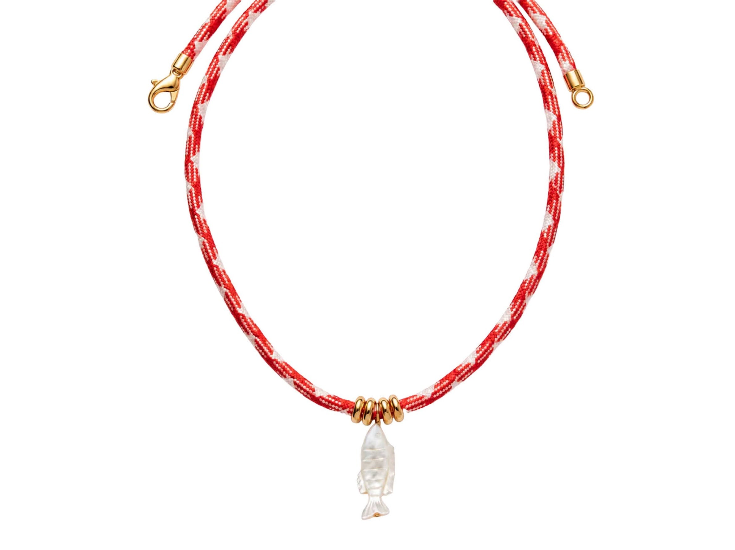 MOP Fish Charm on Red Cord Necklace