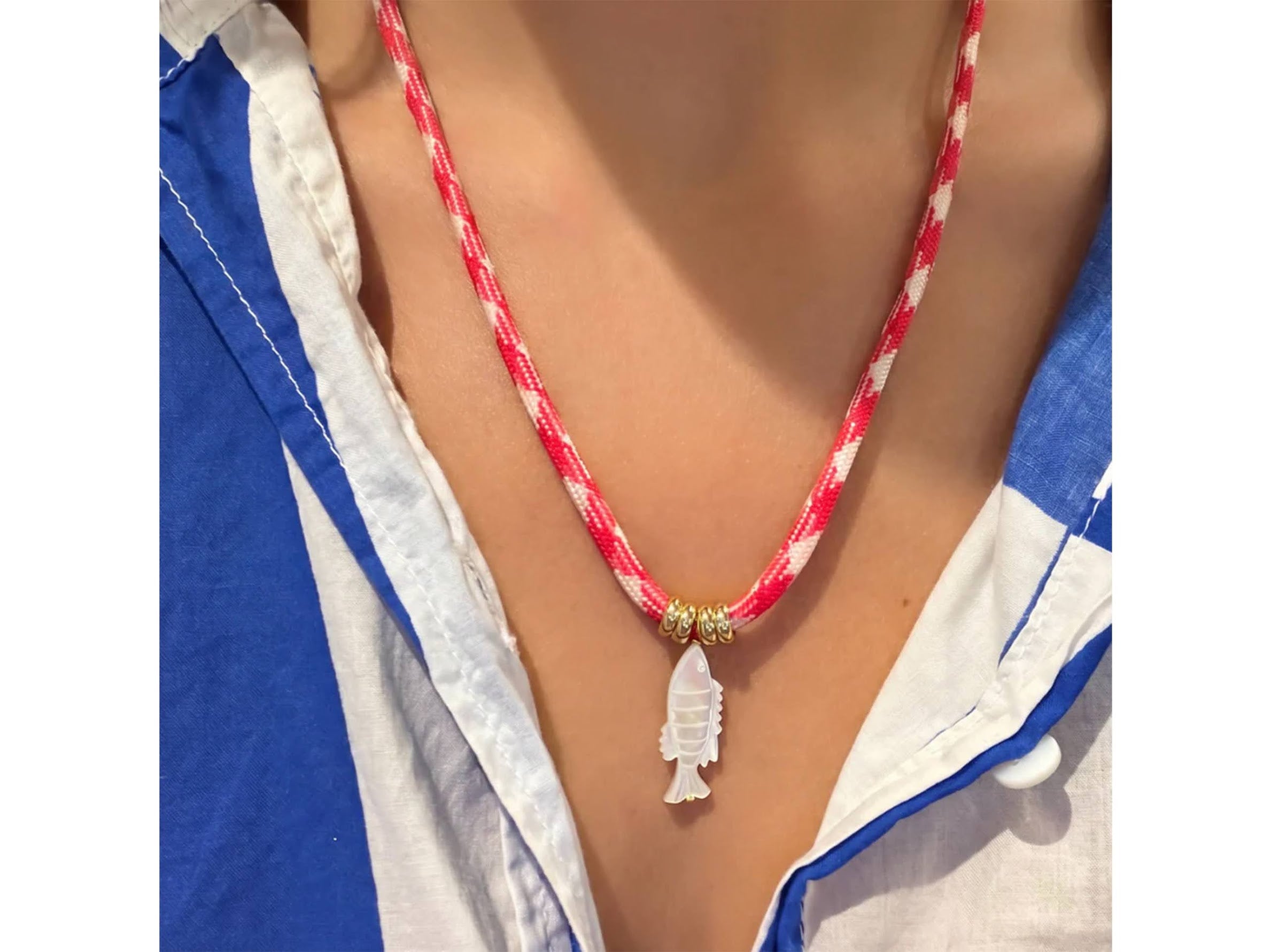 MOP Fish Charm on Red Cord Necklace