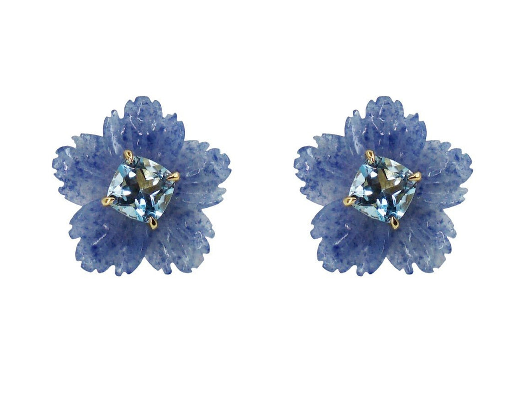 Dumortierite Flower Earrings with Blue Topaz Center
