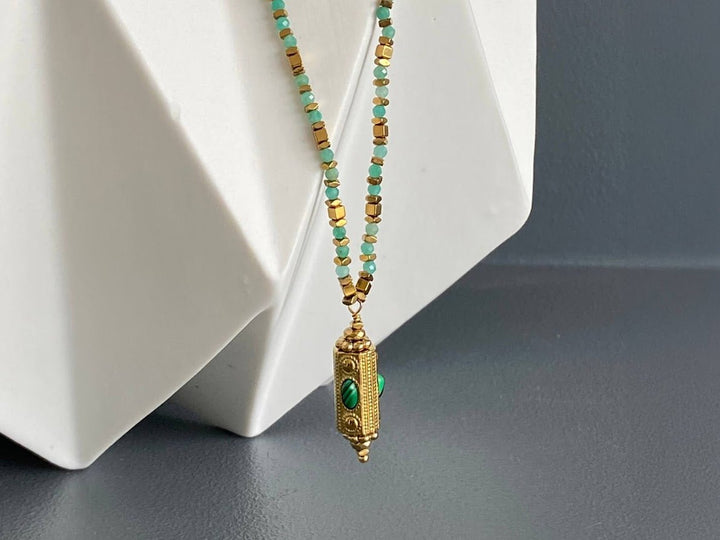 Gold Cylindrical Charm Necklace with Amazonite and Malachite