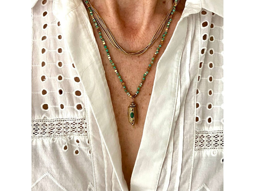 Gold Cylindrical Charm Necklace with Amazonite and Malachite