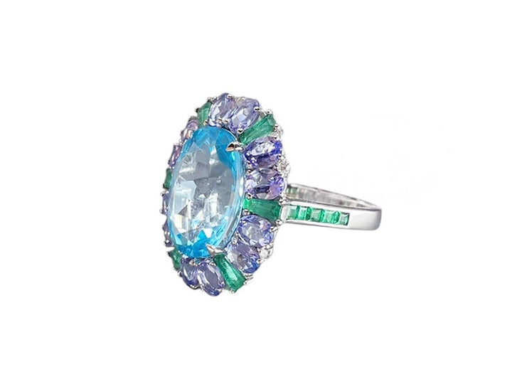 18k Cocktail Ring with Emerald, Tanzanite, Blue Topaz, and Diamond