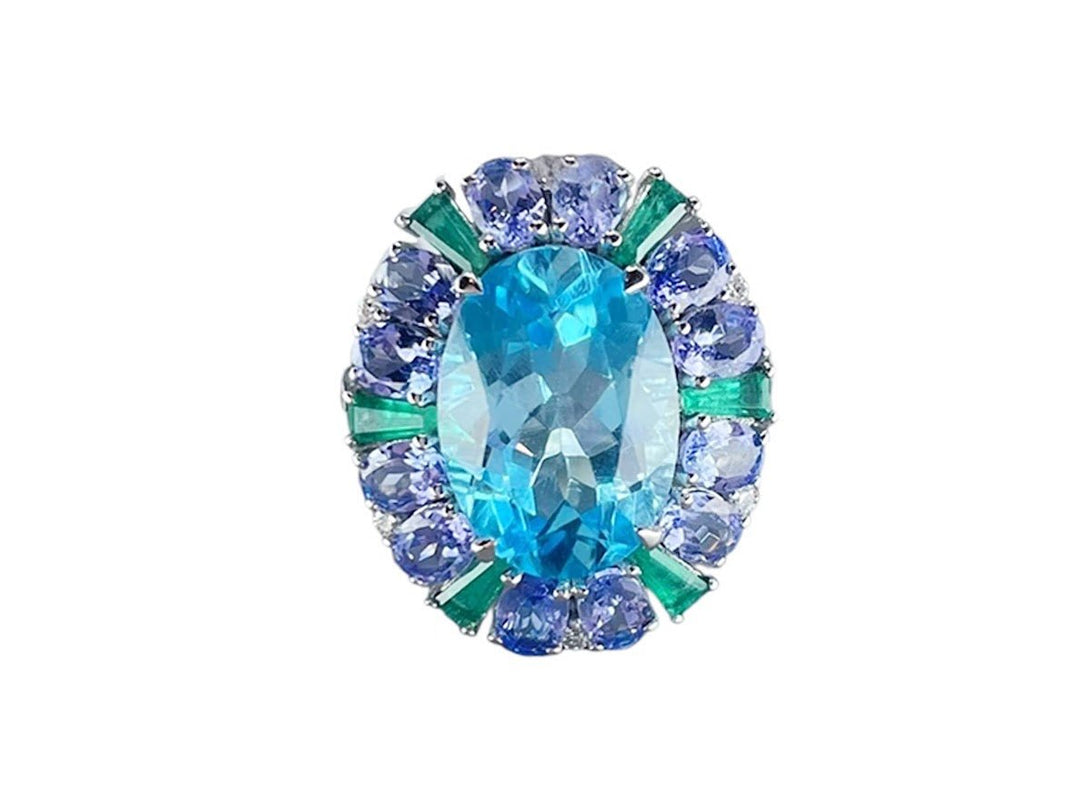 18k Cocktail Ring with Emerald, Tanzanite, Blue Topaz, and Diamond