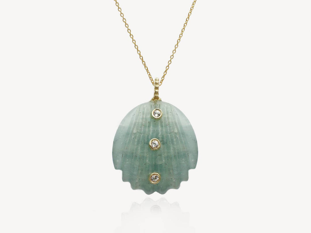 Aquamarine Quartz Shell Charm Necklace with White Toapz