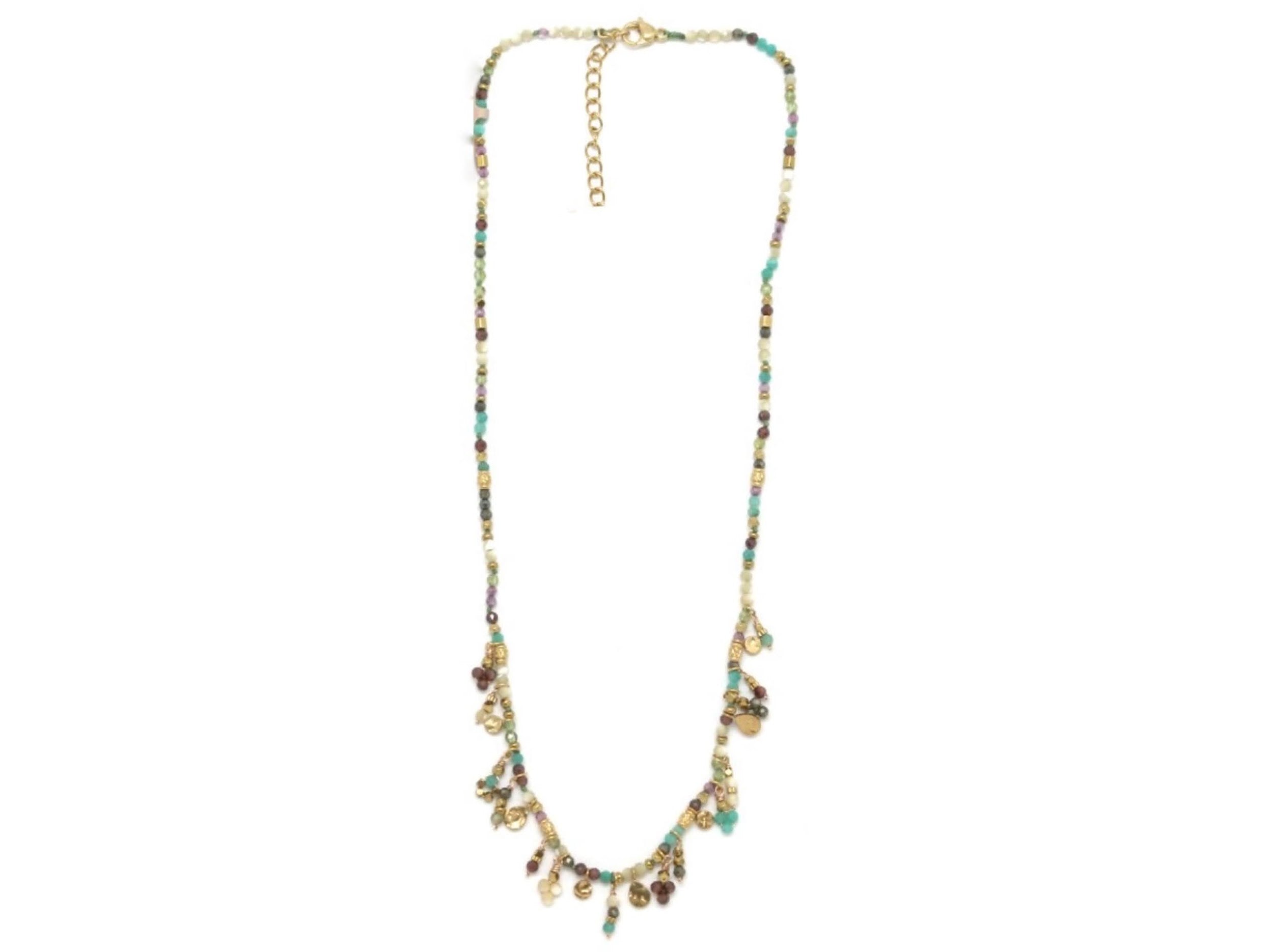 Mini Droplets Beaded Necklace in Green and Gold