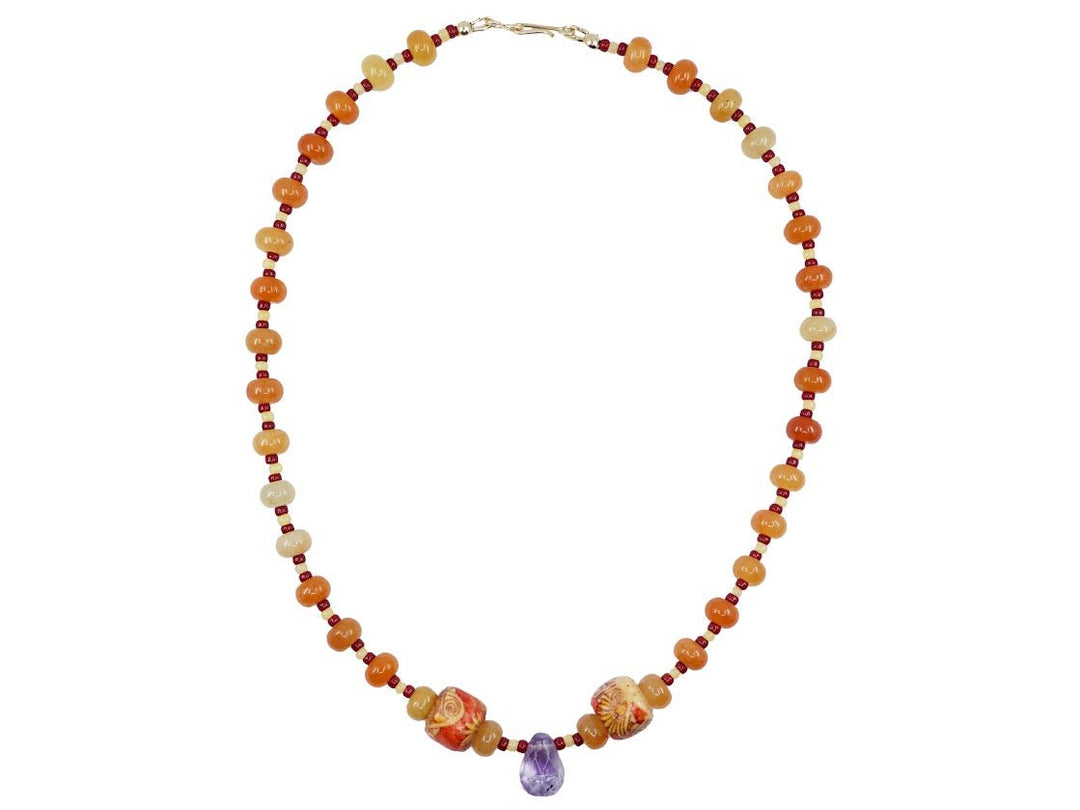 Red Aventurine and Wood Beads Necklace with Amethyst Drop