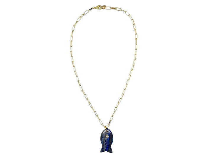 Lapis Fish Charm Necklace with CZ