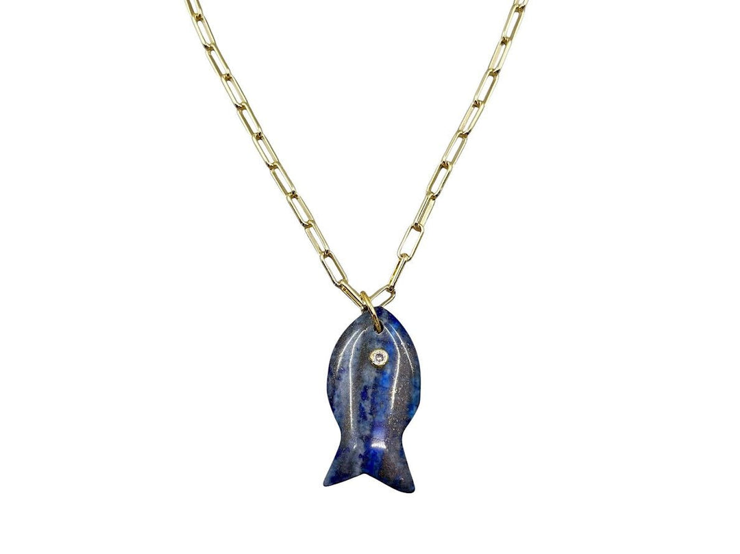 Lapis Fish Charm Necklace with CZ