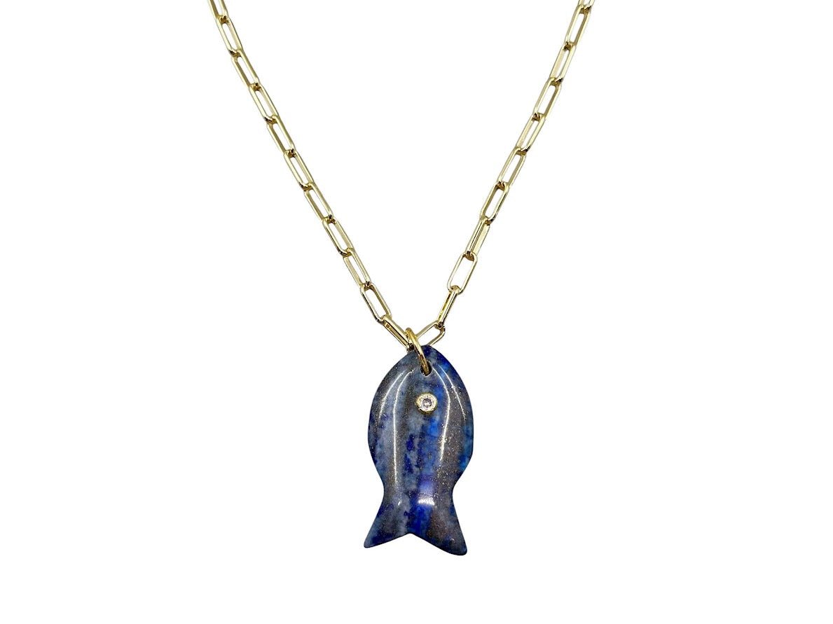 Lapis Fish Charm Necklace with CZ
