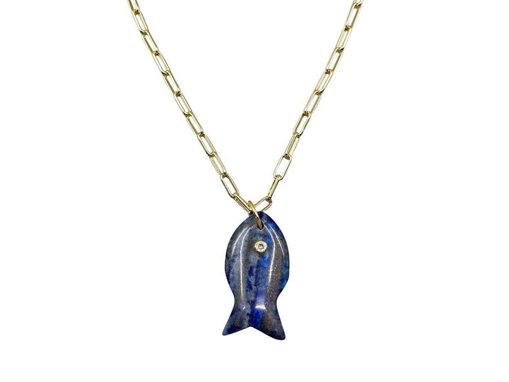 Lapis Fish Charm Necklace with CZ