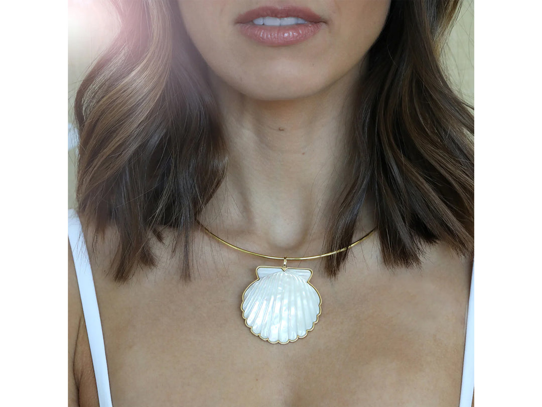 Large Gold and White MOP Scallop Shell Pendant