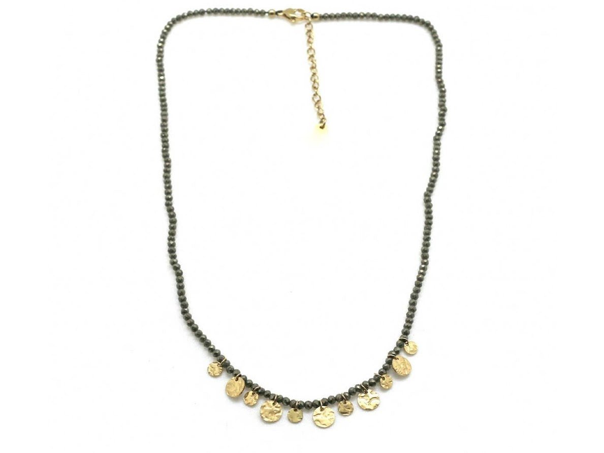 Pyrite Beaded Necklace with Gold Disc Charms