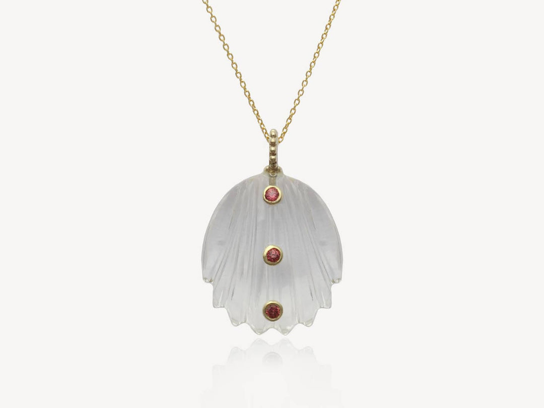 Clear Quartz Shell Charm Necklace with Garnets