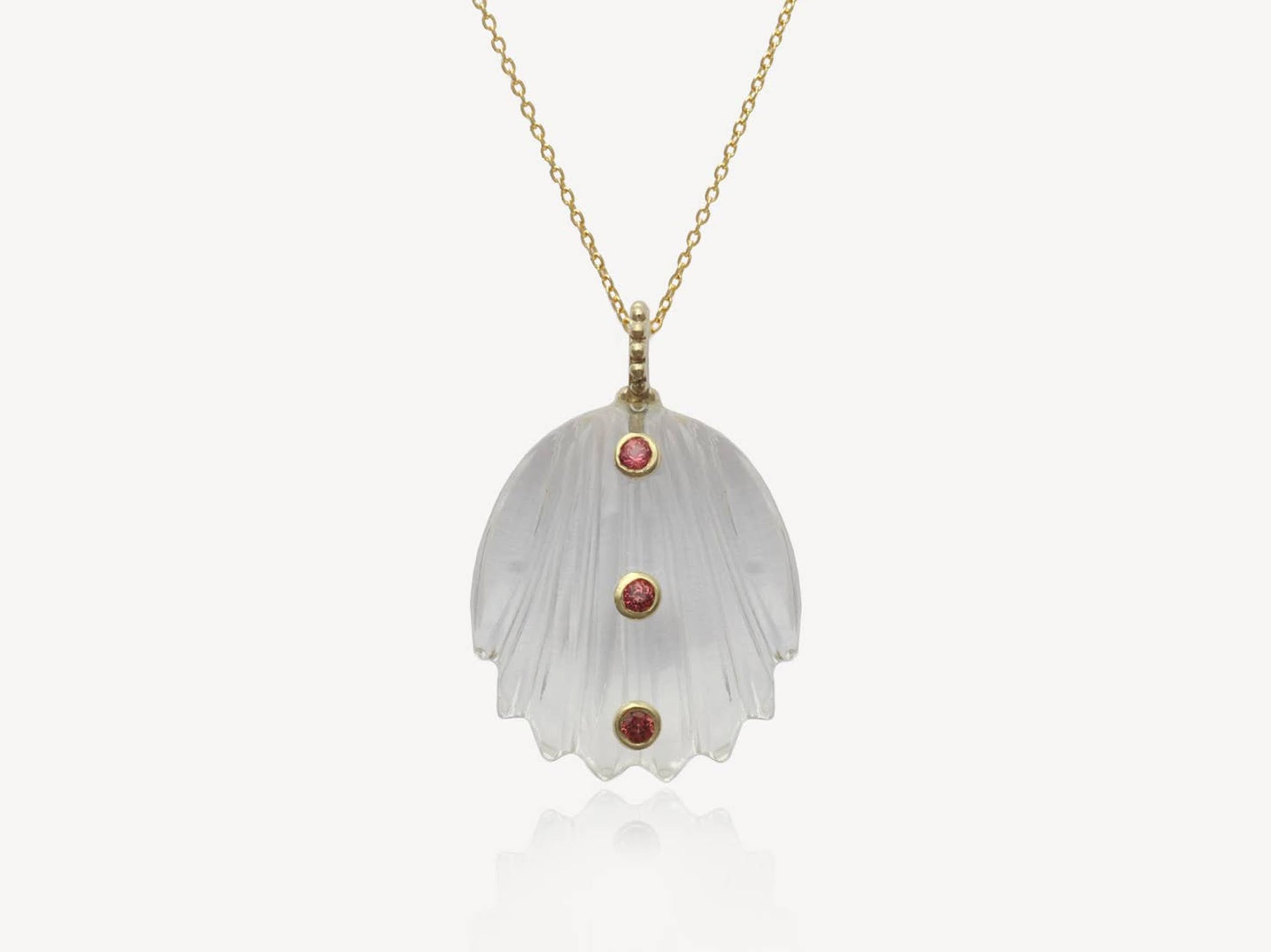 Clear Quartz Shell Charm Necklace with Garnets