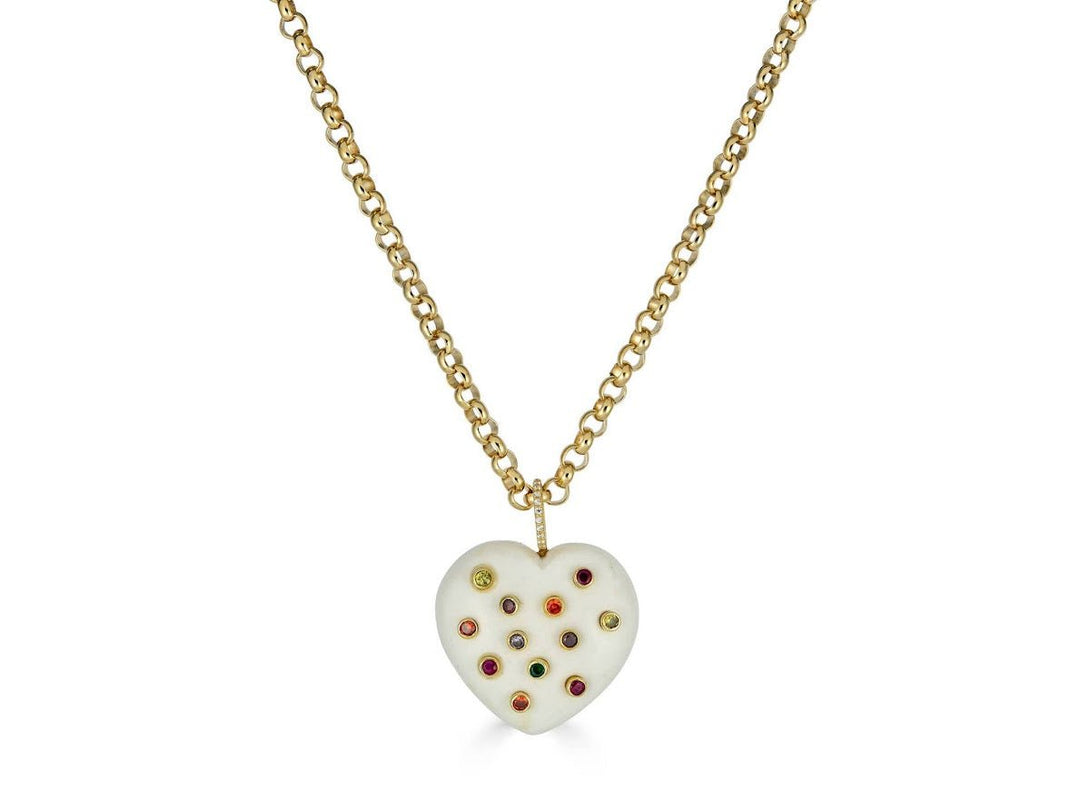 White Agate and Colorful CZ Heart Charm Necklace