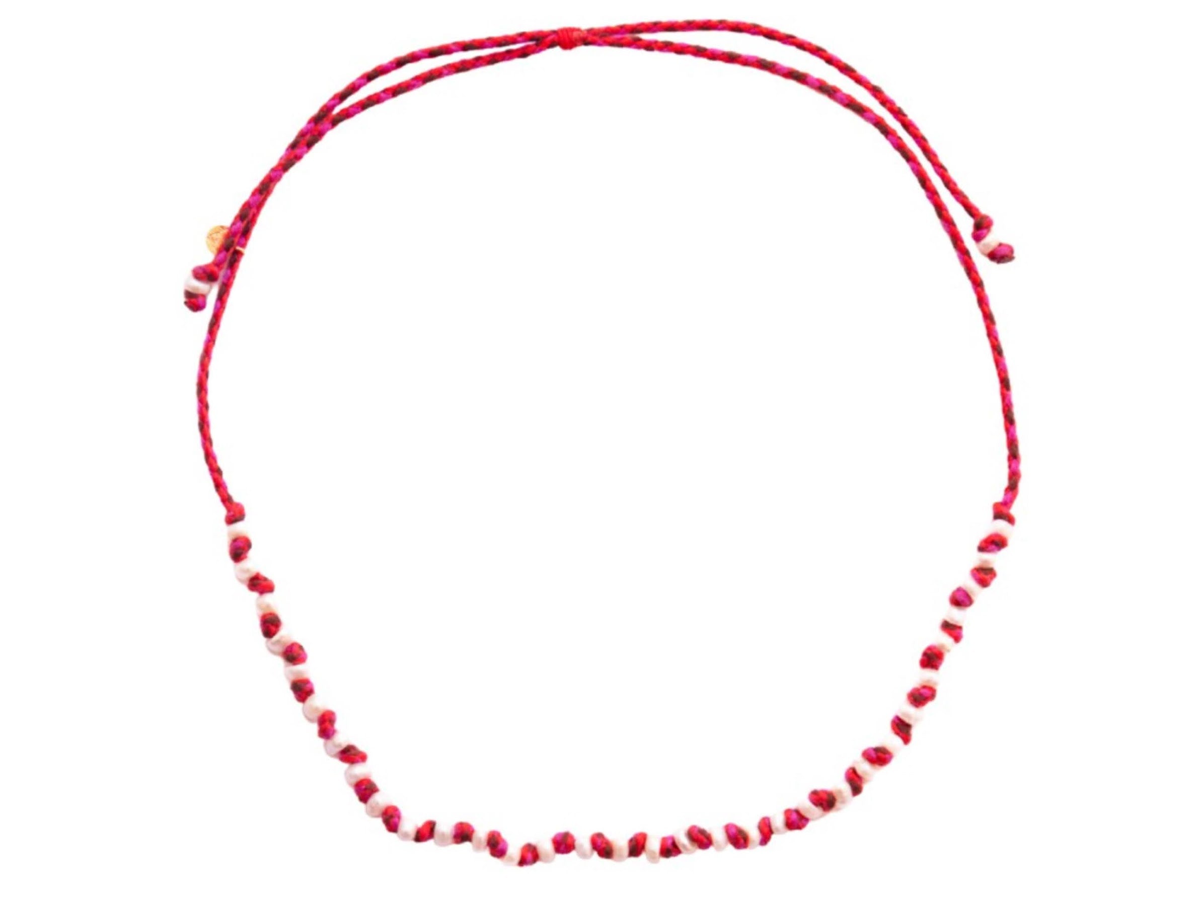 Red and Brown Cord Necklace with Pearls