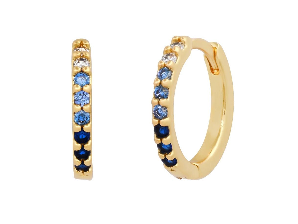 Gold Huggies with Pave Ombre Blue CZs