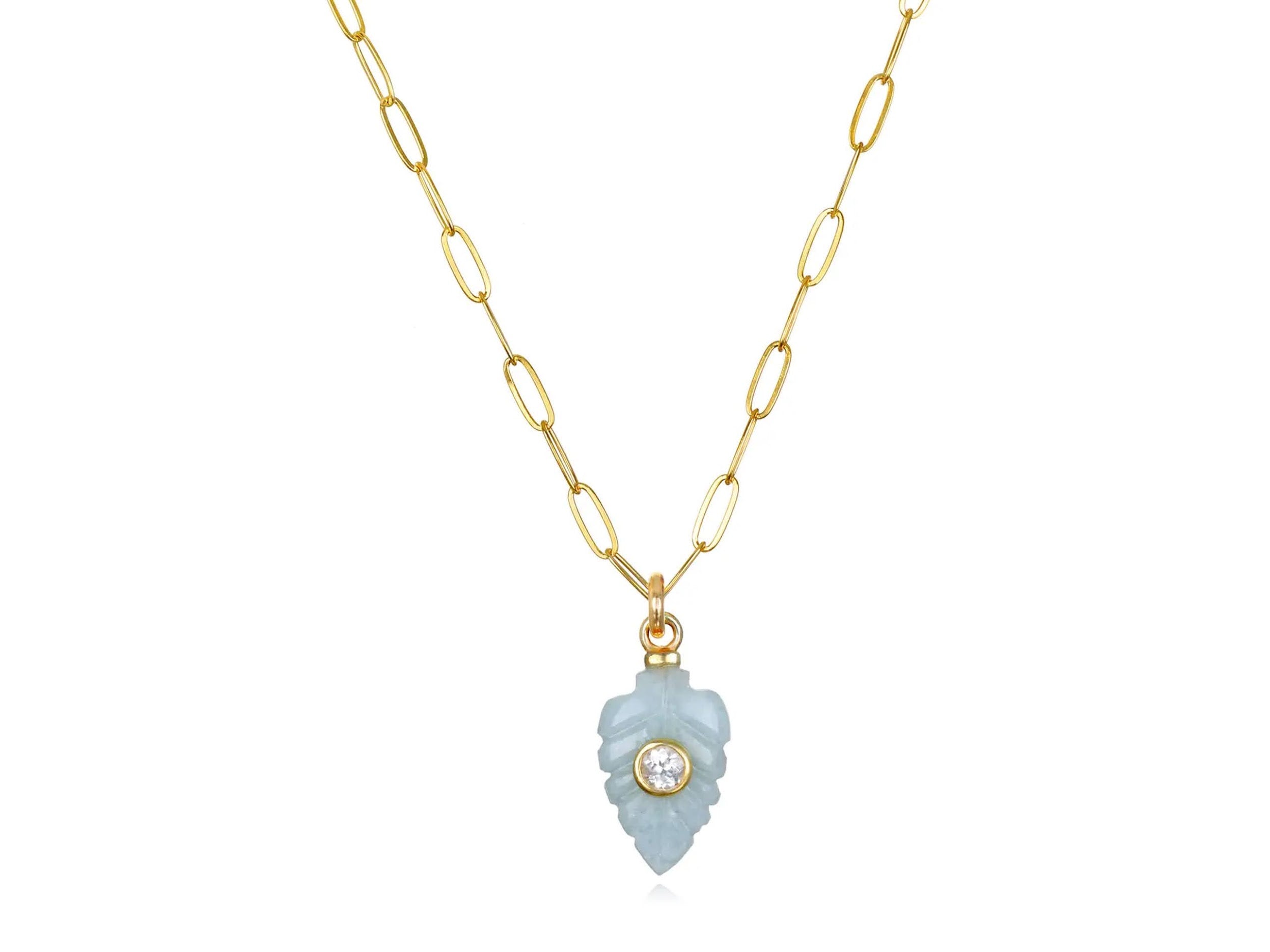 Aquamarine and Topaz Carved Leaf Charm Necklace
