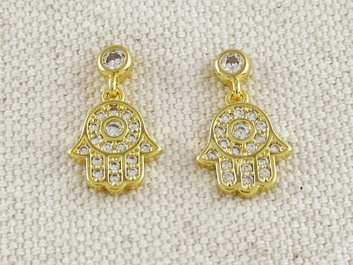 Gold CZ Hamsa Drop Earrings