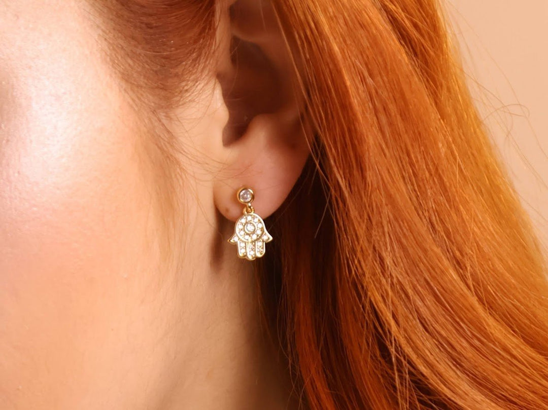 Gold CZ Hamsa Drop Earrings