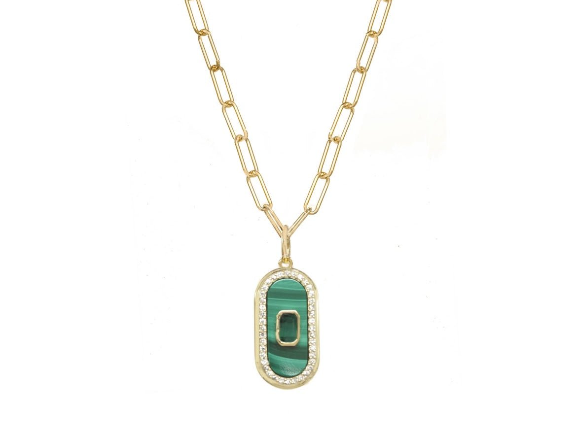 Malachite, Quartz, and CZ Oval Charm Necklace.