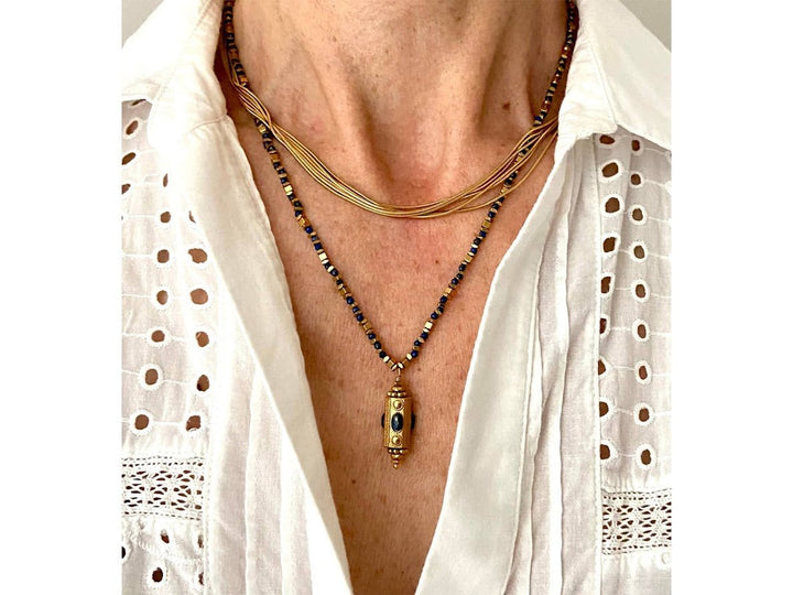 Gold Cylindrical Charm Necklace with Lapis