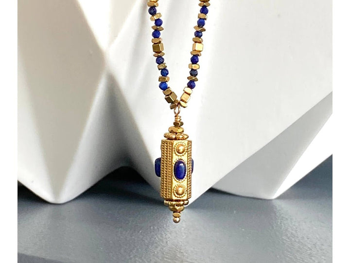 Gold Cylindrical Charm Necklace with Lapis
