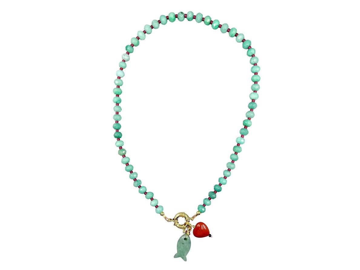Bead Necklace with Fish and Heart Charms