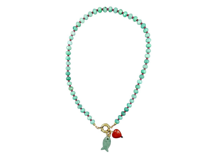 Bead Necklace with Fish and Heart Charms