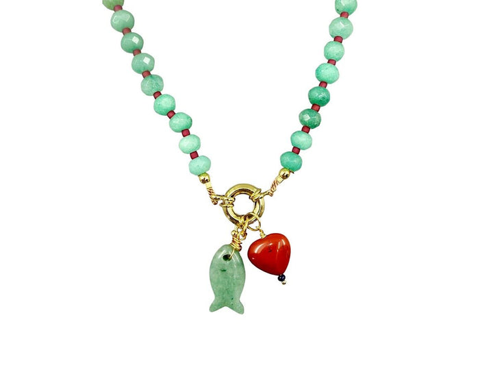 Bead Necklace with Fish and Heart Charms