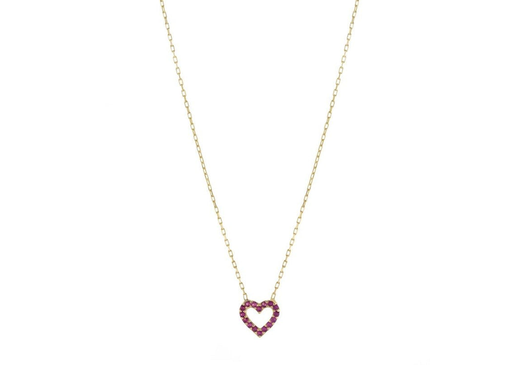 Gold Open Heart Necklace with Red CZs
