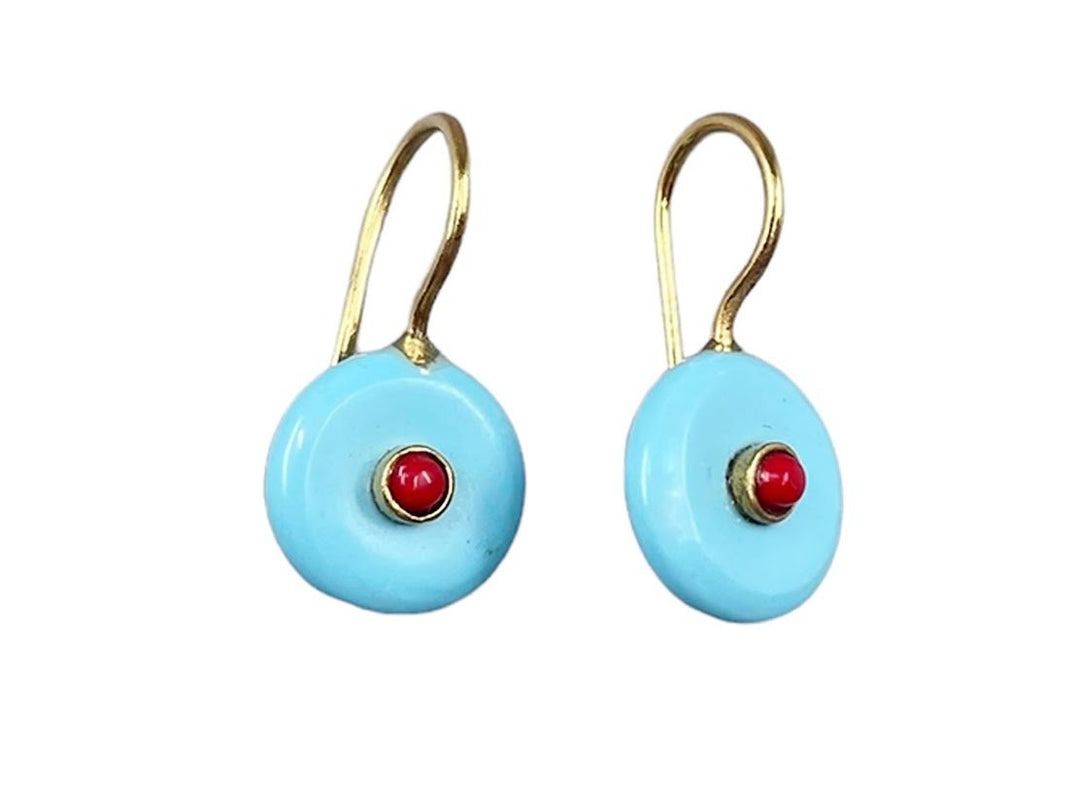 Turquoise Disk Drop Earrings with Agate