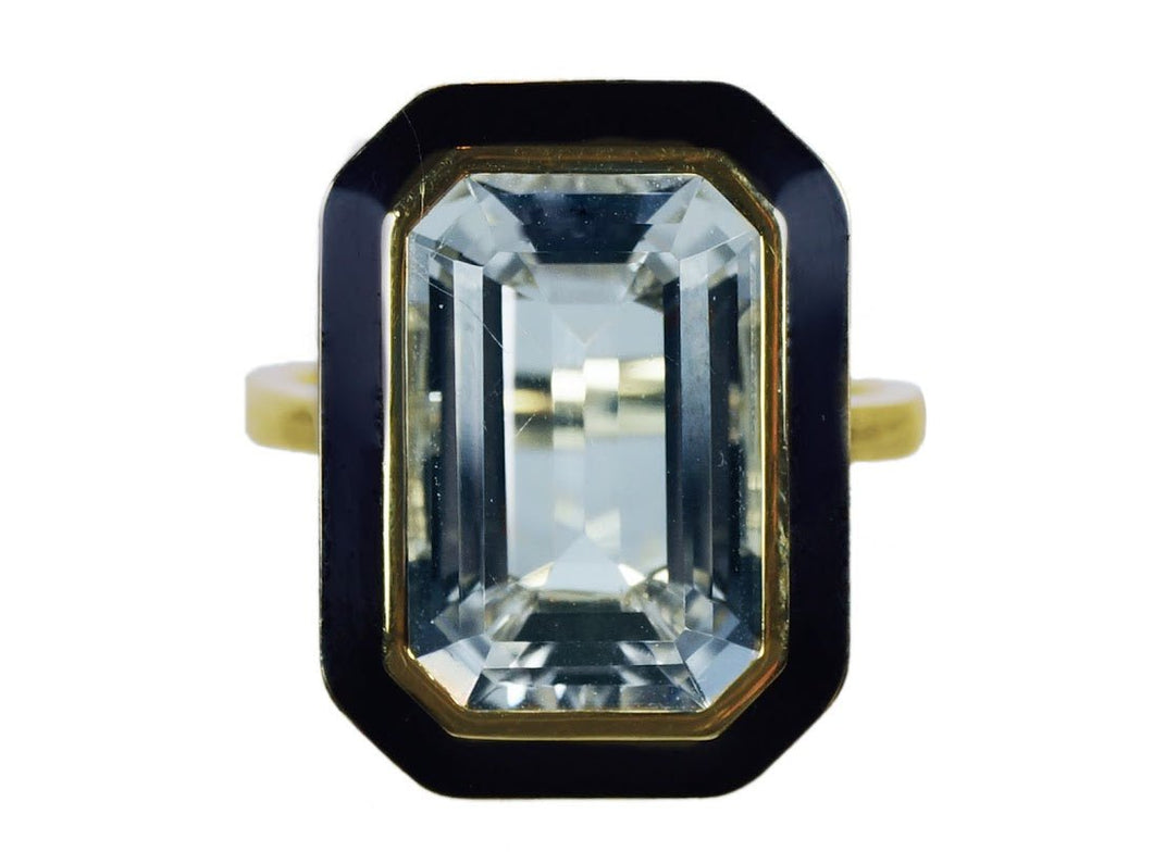 18k Emerald Cut Rock Crystal Ring with Black Enamel