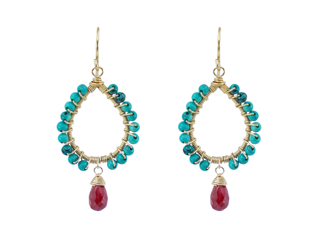 Turquoise and Ruby Drop Earrings