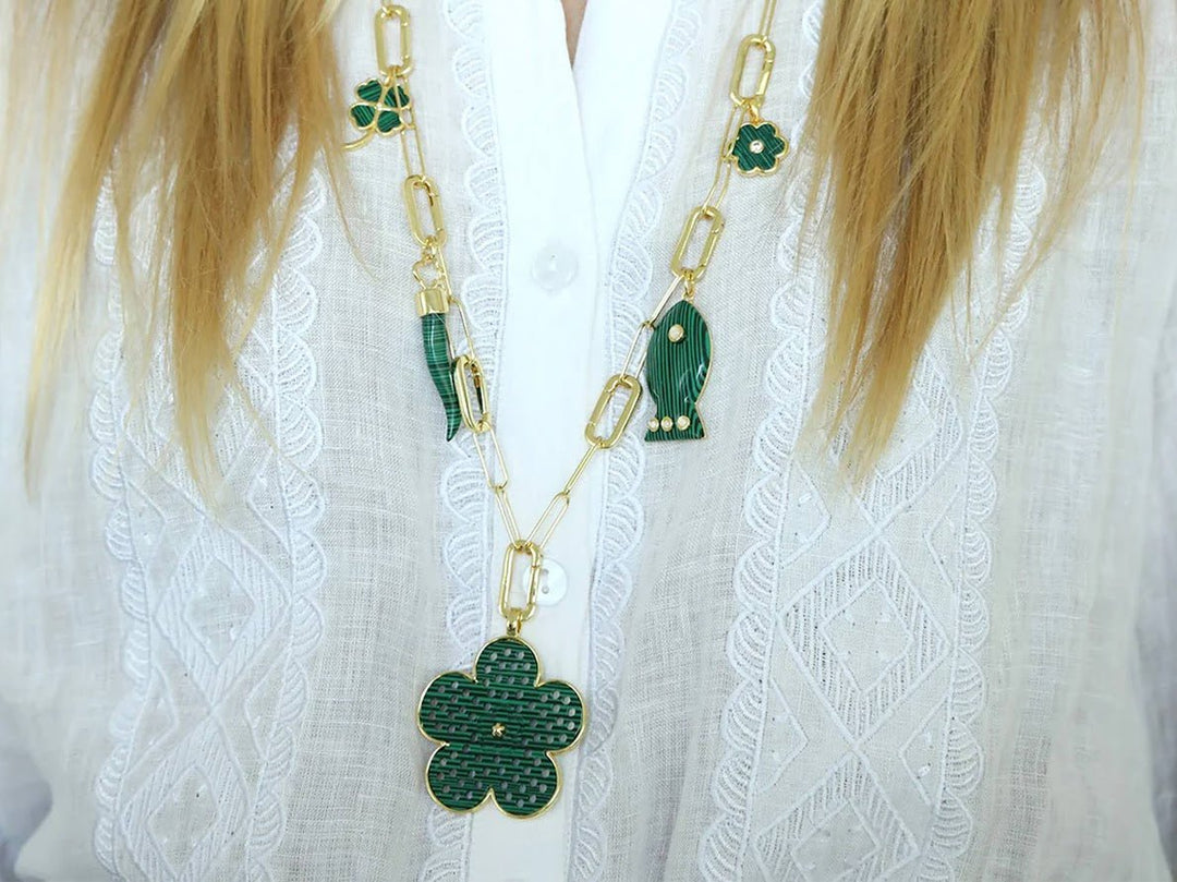 Malachite Fish Charm with MOP Cabochons