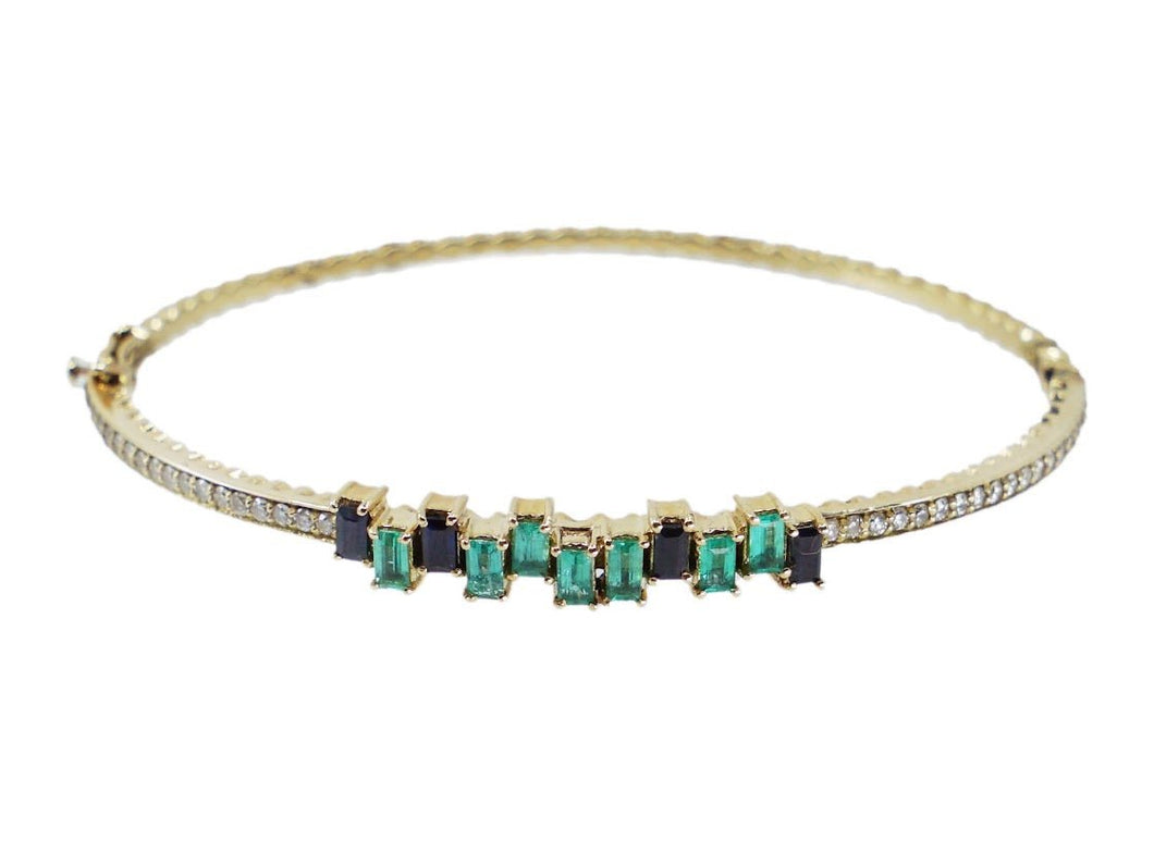 14k Diamond Bangle with Emerald and Sapphire Baguettes