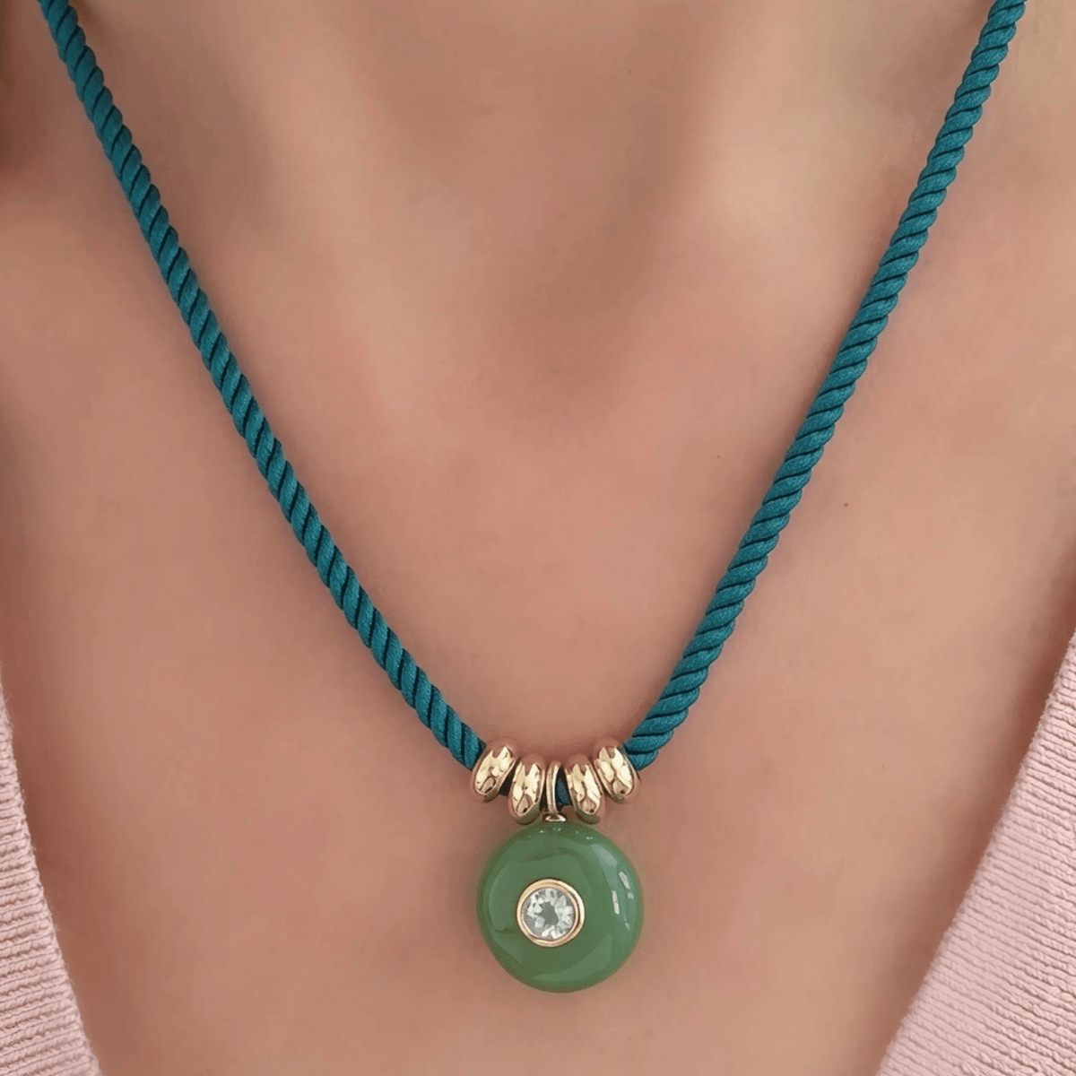 Chrysoprase and Topaz Charm on Green Cord Necklace